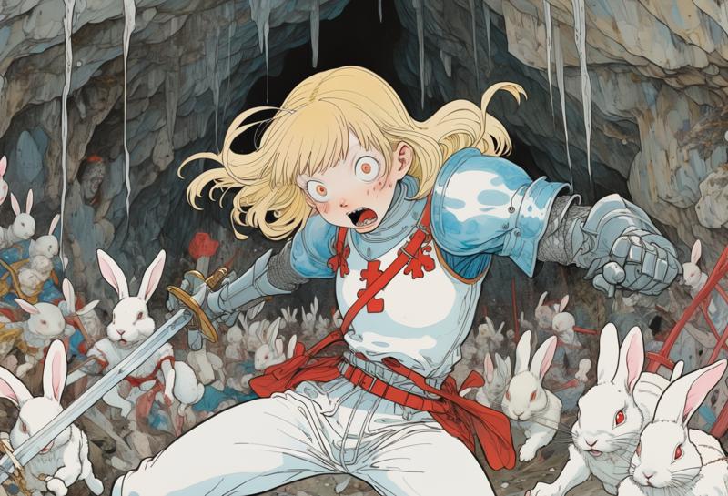 00356-2039290483-Art by Shintaro Kago. Closeup of a playful and chaotic scene of a blonde knight fighting white rabbit. The knight, adorned with.png